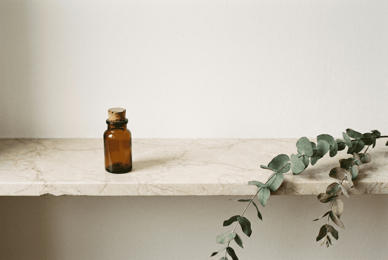 A single amber bottle on a pale marble shelf with a trailing eucalyptus branch and generous negative space.